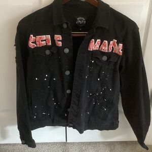 Unisex Spark Black Denim Jacket Appliqué “Self Made” Size Large